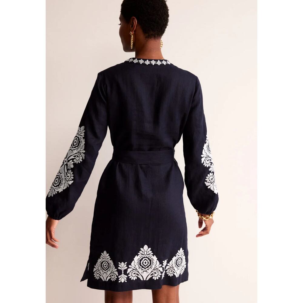 Boden Cleo Embroidered Linen Dress Navy White Long Sleeve Belted Size 14 - Picture 5 of 10